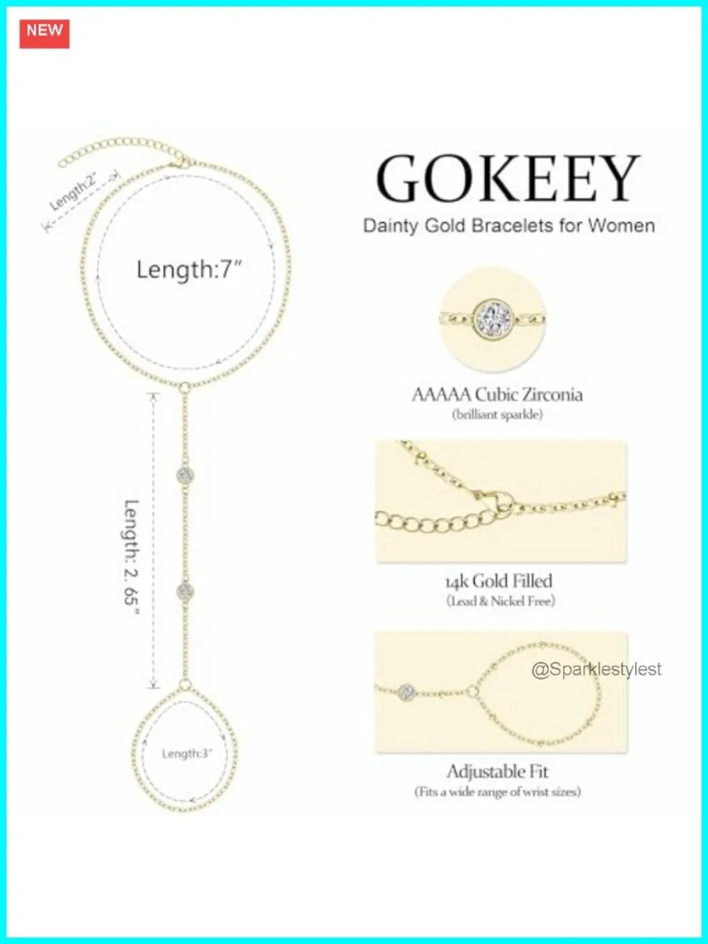 14K Gold Plated Hand Chain Bracelet Cubic Zirconia Ring Hand Chain Jewelry